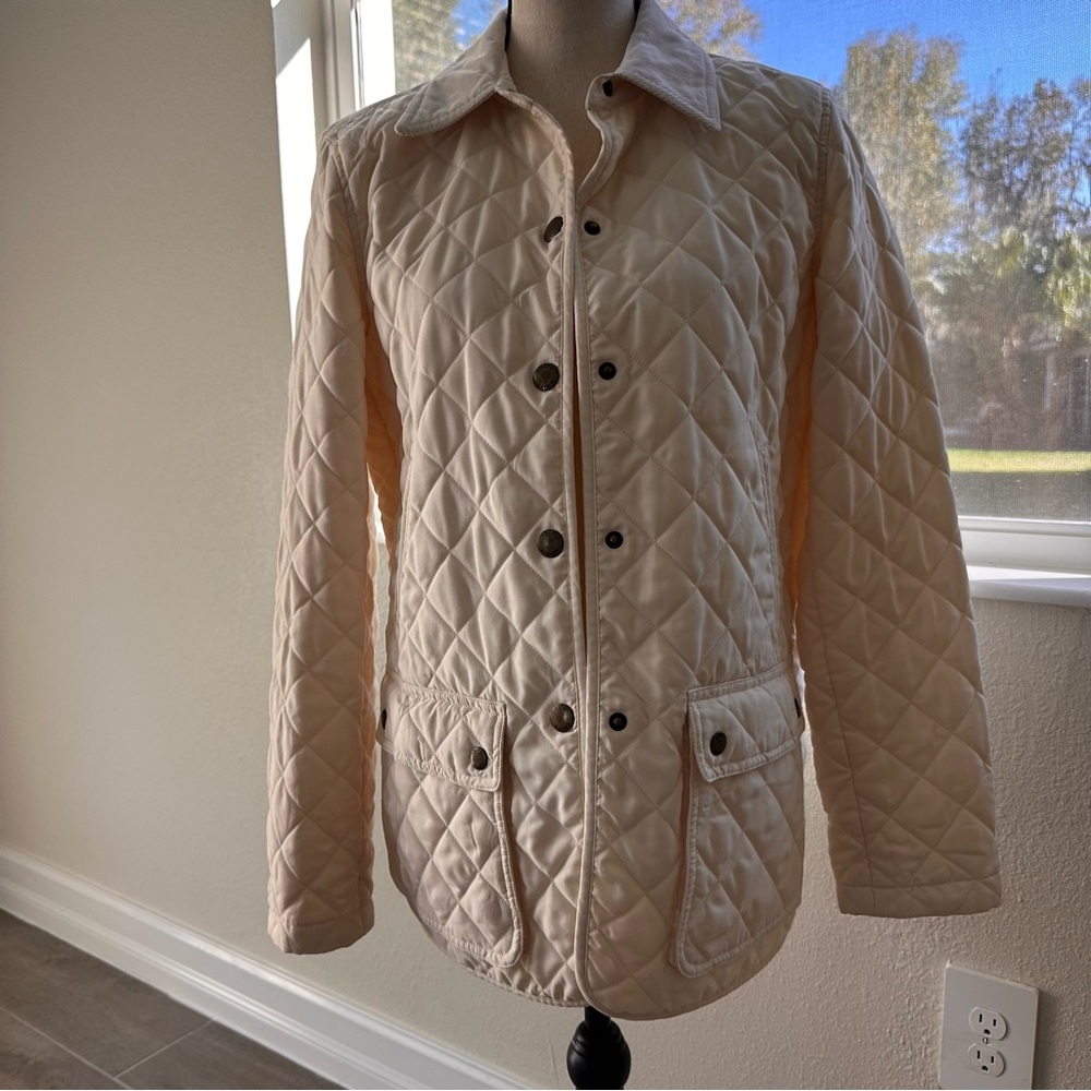 Chaps Cream Quilted Jacket with Metal Button Size Medium
